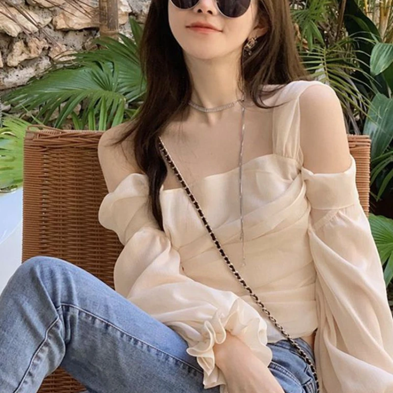 Slash Neck Blouses Women Temper Solid Summer Aesthetic Clothing Thin Lady Streetwear Vintage Vacation All-match Tender Daily New