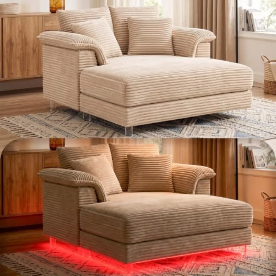 Living room chaise lounge chair with acrylic legs, white upholstery, LED light, high-density foam, cloud-style design with pill
