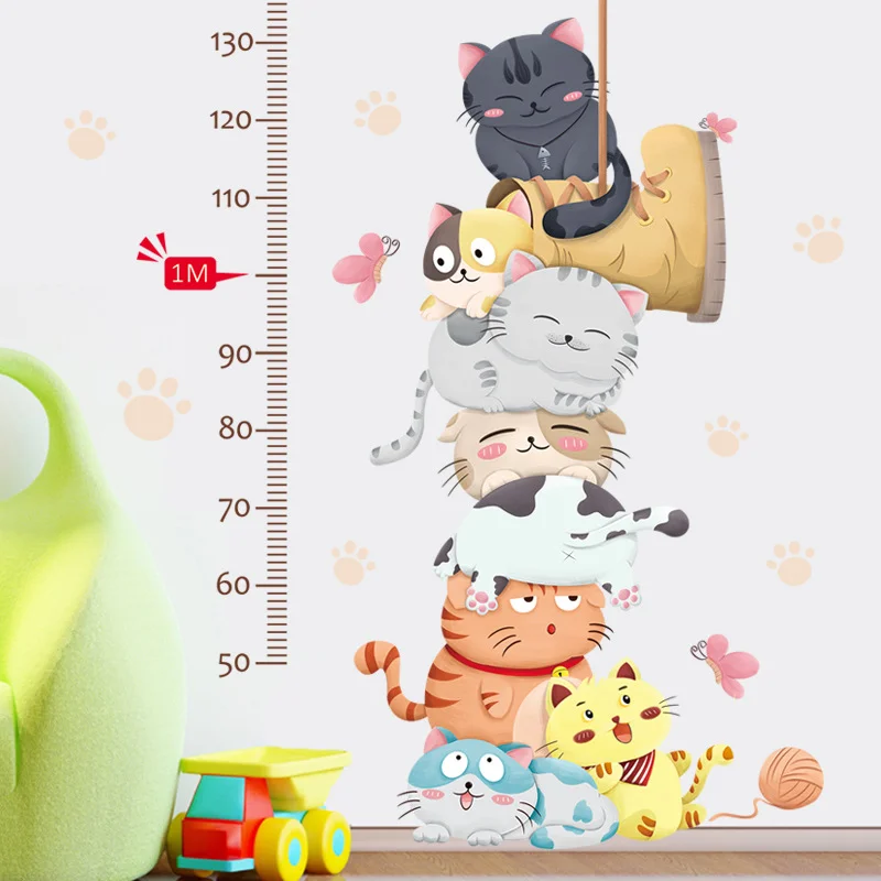 Cartoon Stacked Kitten Height Chart Wall Stickers, Cute Cat Pile Shoe Yarn Ball Kids Nursery Growth Ruler Decor