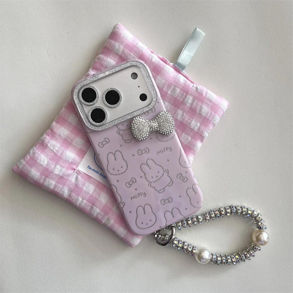 

Stylish Diamond Bow Rabbit Phone Case for iPhone 17 Pro 16 13 14 15 Pro Max Cute Shockproof Cases Protective Fundas with Hinge