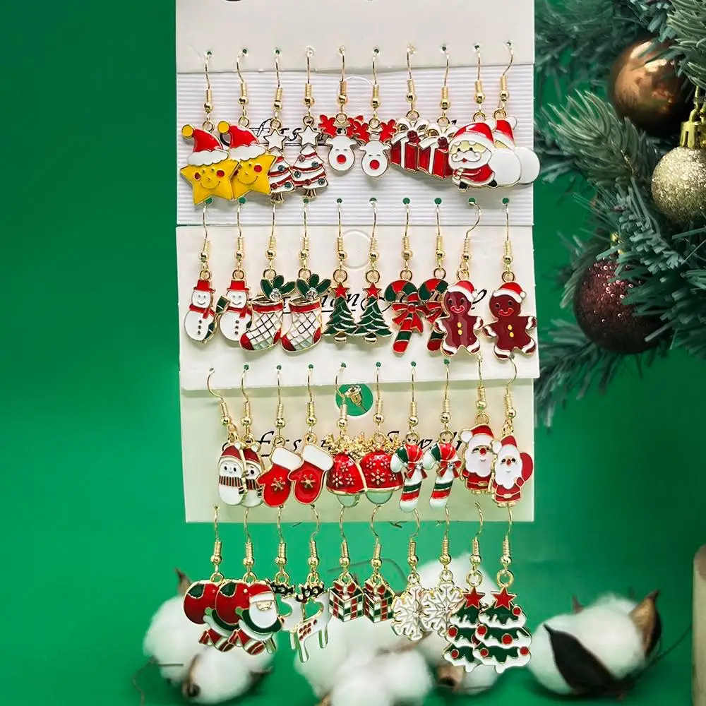 20Pairs Christmas Dangle Earrings Enamel Drop Santa Gingerbread Snowman Snowflake Gift Box Cartoon Holiday Ear Jewelry