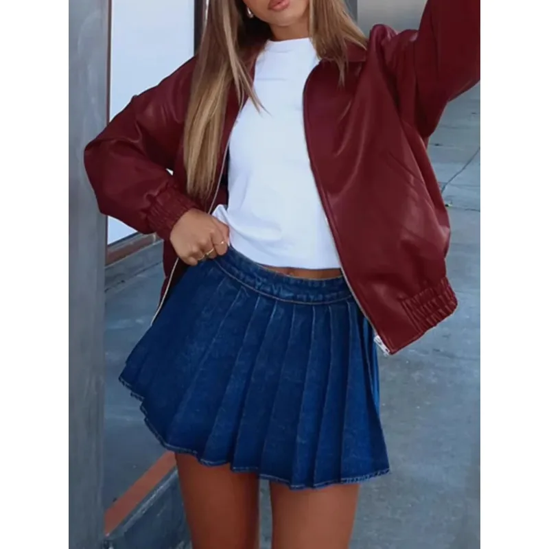 Chaqueta de cuero para mujer, estilo casual y elegante, color rojo vino, con solapa, cuello en V, manga larga, cremallera, holgada, cálida y corta.