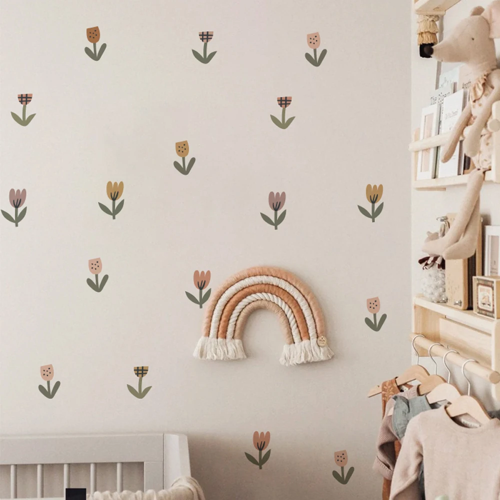 Waffle tulip Wall Stickers for Kids Rooms Living Room Cartoon Floral Flowers Wall Paper Art Decals Modern Warm Decoration