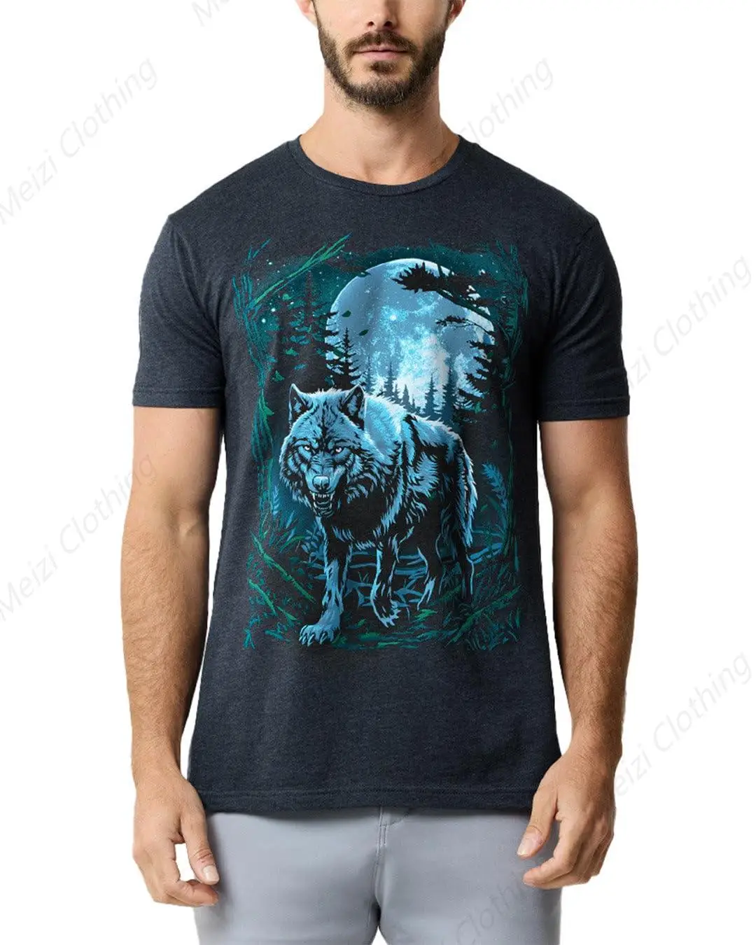 

Night Prowl Glow in The Dark Wolf Pattern Men's T-shirt Short Sleeve Design Cool Fashion Clothes