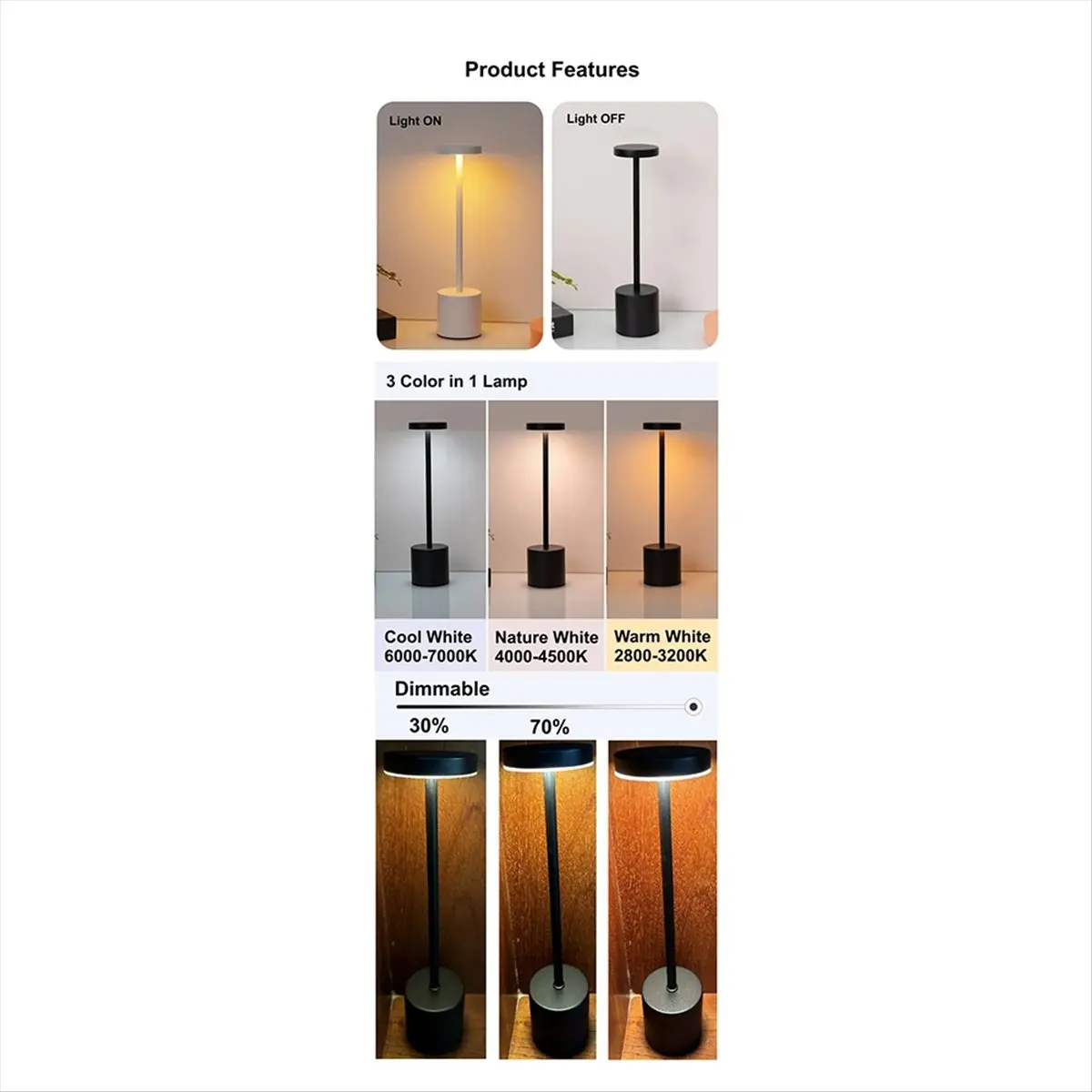 

(ABKM) Перезаряжаемая светодиодная настольная лампа типа C с сенсорным выключателем, прикроватный ночник, портативная настольная лампа с 3 цветами света для клуба, бара, комнаты А