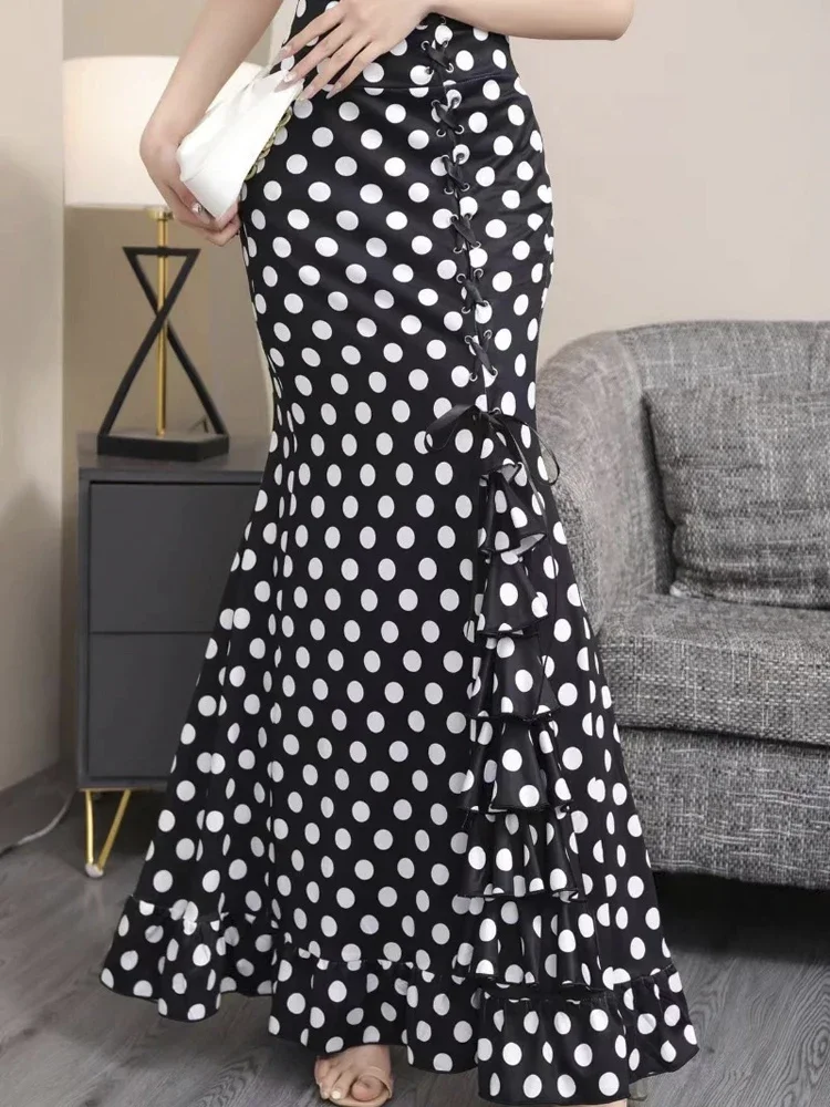 Retro Polka Dot Printed Mermaid Long Skirts for Women 2026 Spring Summer Fashion High Waist Drawstring Ruffles Maxi Skirt Female