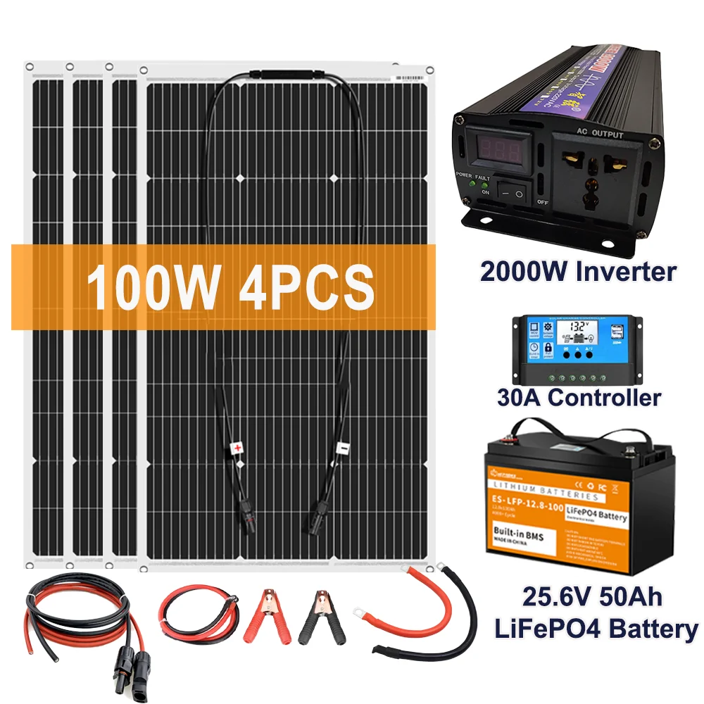 

2000W Solar Panel Power Generator System For Home Kit 220V Inverter 30A Controller Battery USB Charger 12v 100Ah Lifepo4 Battery