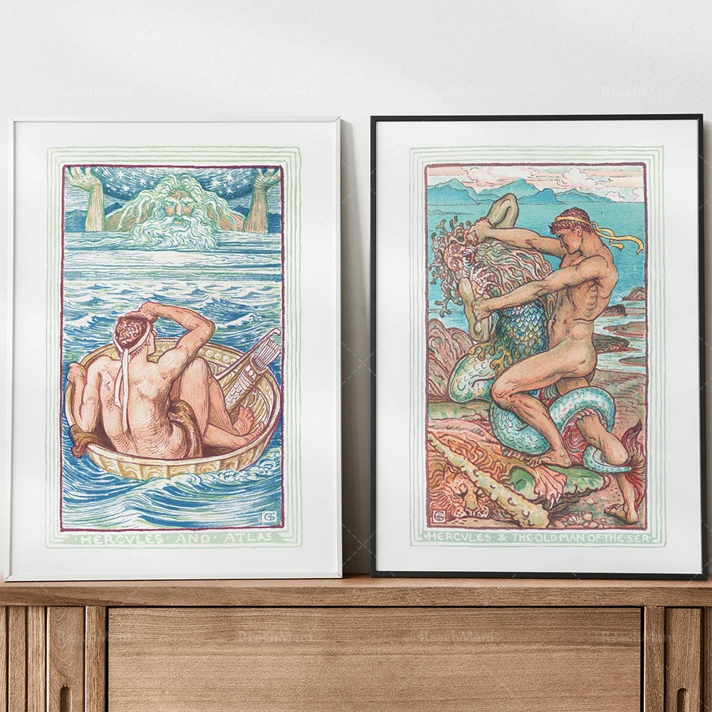 Hercules, Hero of Perseus, Bellerophon & Pegasus Print, Greek Mythology, Vintage Walter Crane Illustration, Storybook Poster