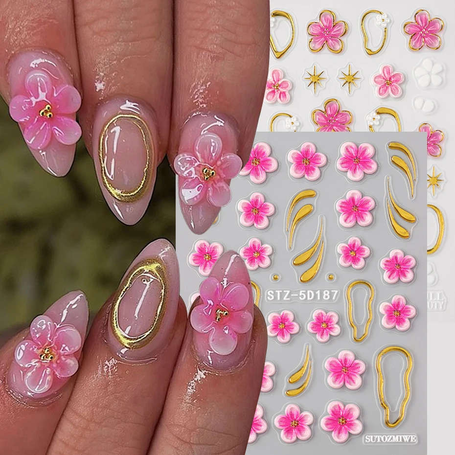 

2 pcs 5D Embossed Tropical Bronzing Flowers Nail Stickers Relief Ocean Sakura Charms for Nails Summer DIY Manicure Supplies
