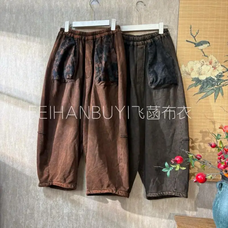 

Осенние женские свободные повседневные брюки до щиколотки с эластичной резинкой на талии, высокое качество, 100% хлопок, винтажные шаровары с большим карманом