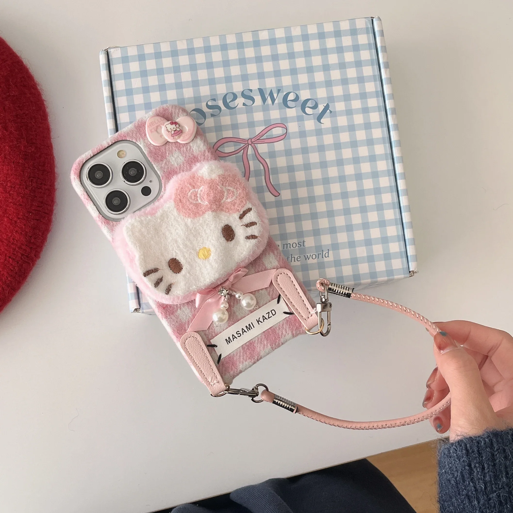 Cute Cartoon Sanrio Hello Kitty Grid Pattern Furry Plush Soft Phone Case For iPhone 16 15 14 13 12 11 Pro Max Winter Warm Cover image 4