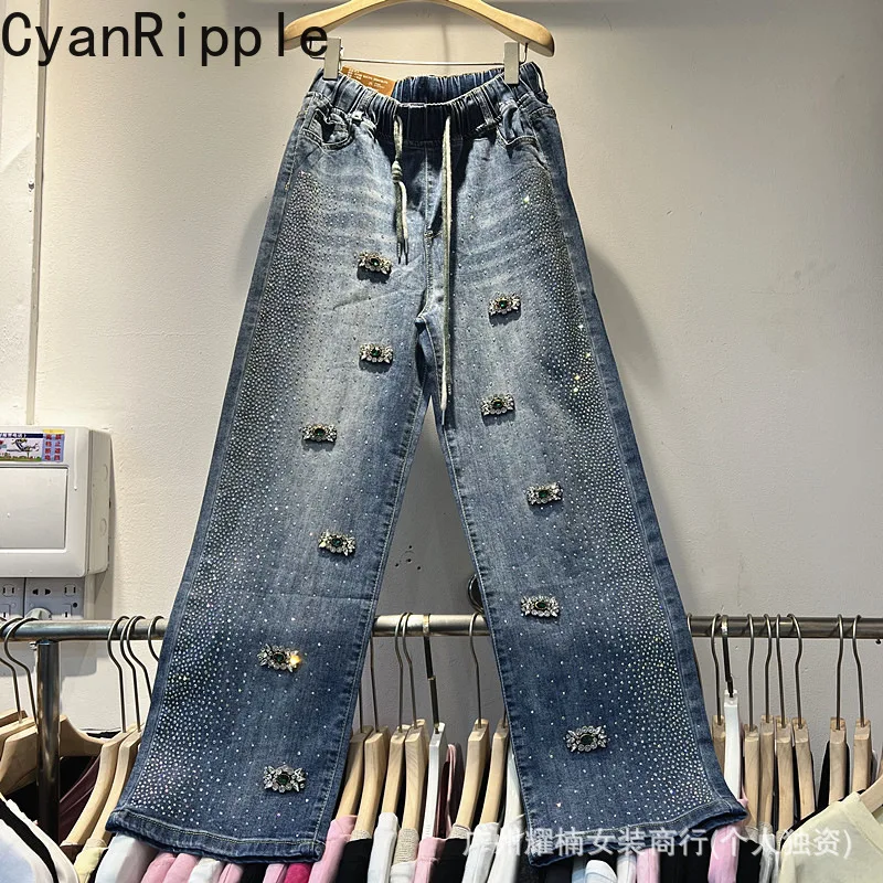 Luxury Gemstone Diamonds Hot Drilling Fashionable Drawstring Elastic Waist Straight Jeans All-match Women Loose Denim Trousers