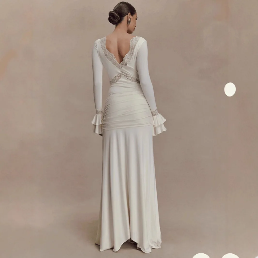 Women's Dress New Long-sleeved Dress With Lace Splicing, Bell Sleeves And Ribbons, Elegant And Slim-fitting Long Dress For Women