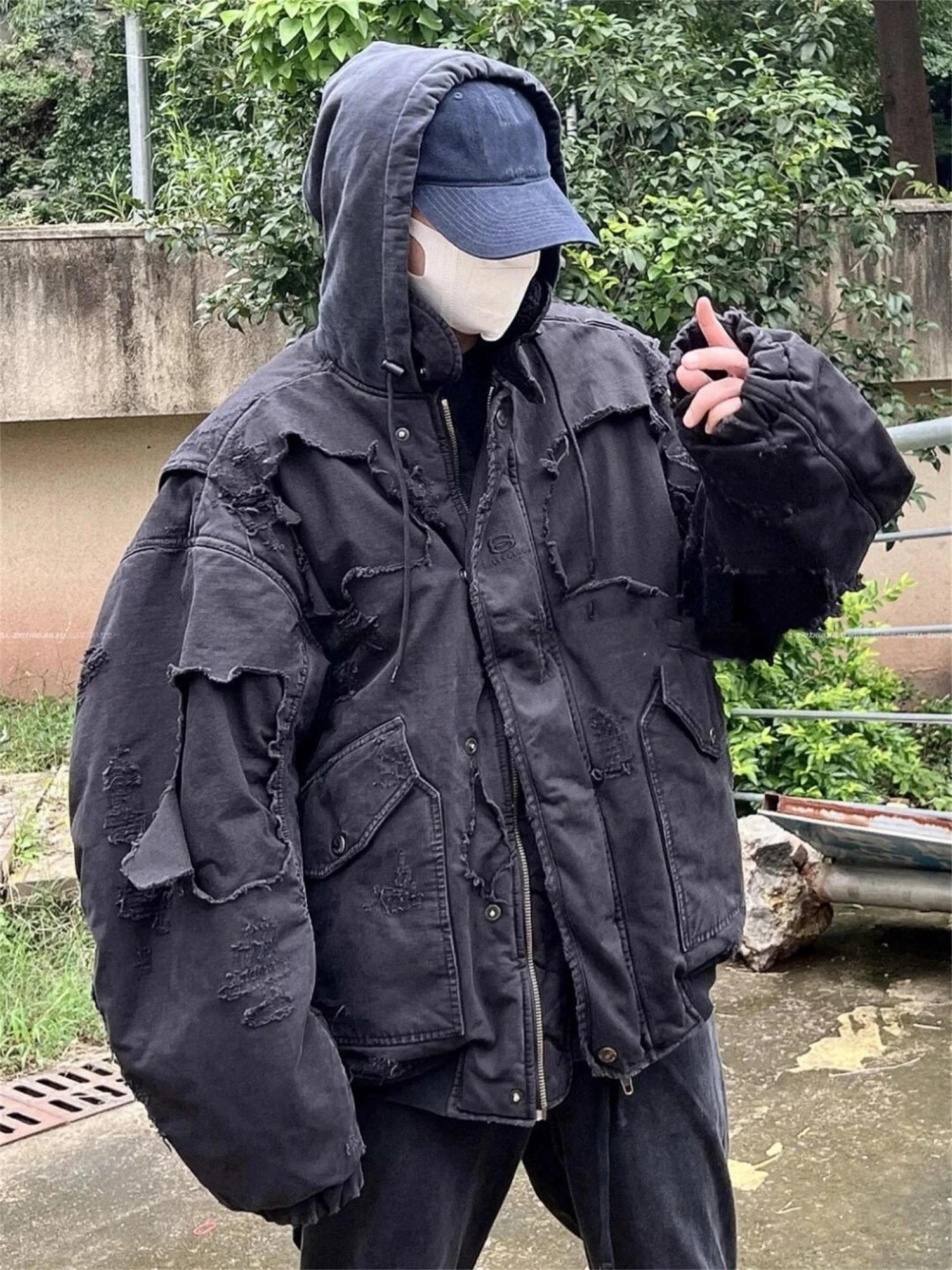 

VANA ILUSION Lamb Velvet Collar Warm Cotton Jaet Hat Wearing Outerwear Wax Dyeing Casual Cleanfit Long Sve Youth Faion