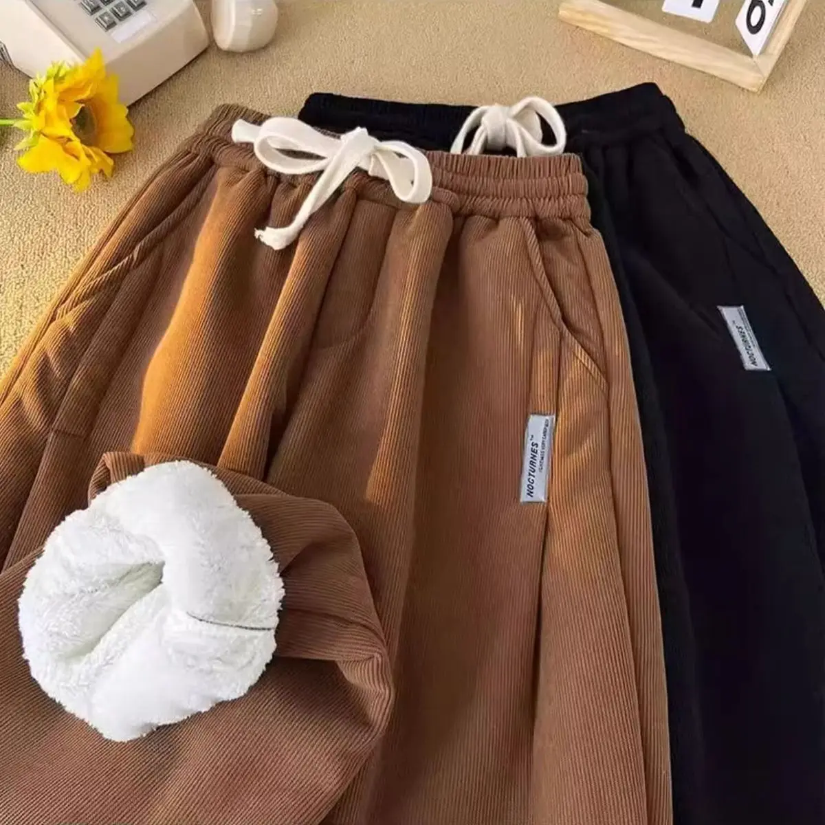 Winter Fleece-lined Harem Pants Elasic High Waist Women Leggings Thicken Soft Straight Striped Casual Pants Warm Comefortable