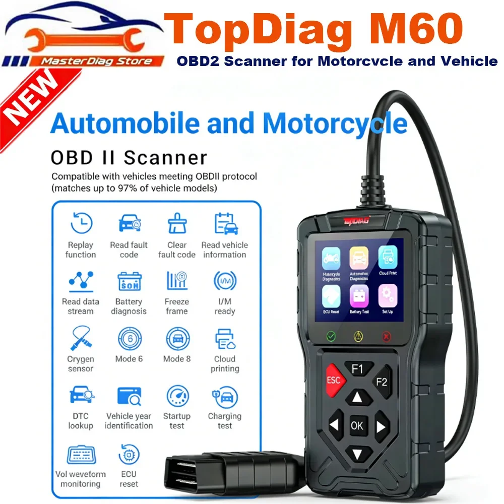 Latest Topdiag M60 Fault Code Reader for Motorcycle and Vehicle OBD2 Scanner ECU Reset Automotive DTC Lookup Car Diagnostic Tool