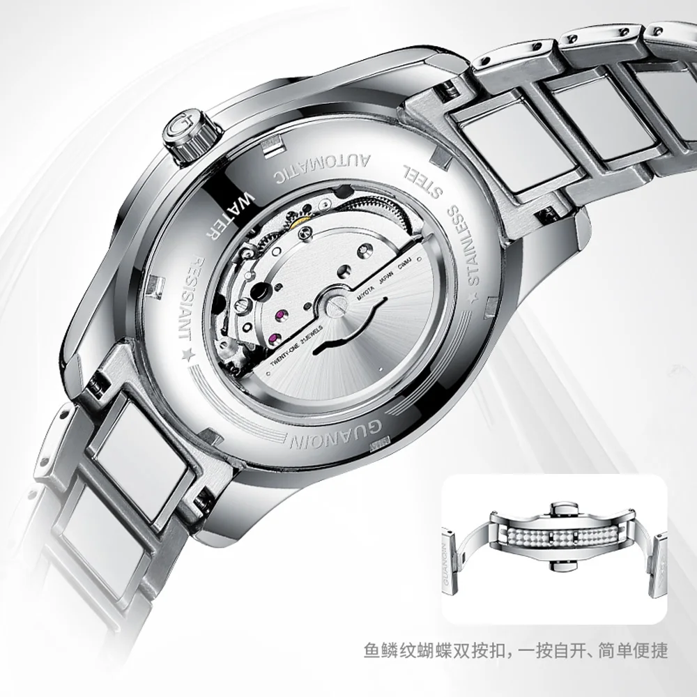 Guanqin Men's Waterproof Luminous Tungsten Steel Mechanical Watch Fashion Business Calendar Watch Sapphire Japanese movement