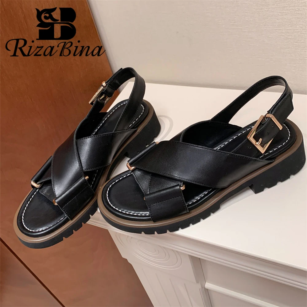 RIZABINA Size 35-40 Women Sandals Ankle Strap Genuine Leather Thick Heel Summer Daily Shoes Ladies Casual Pumps Shoes 2024 Trend