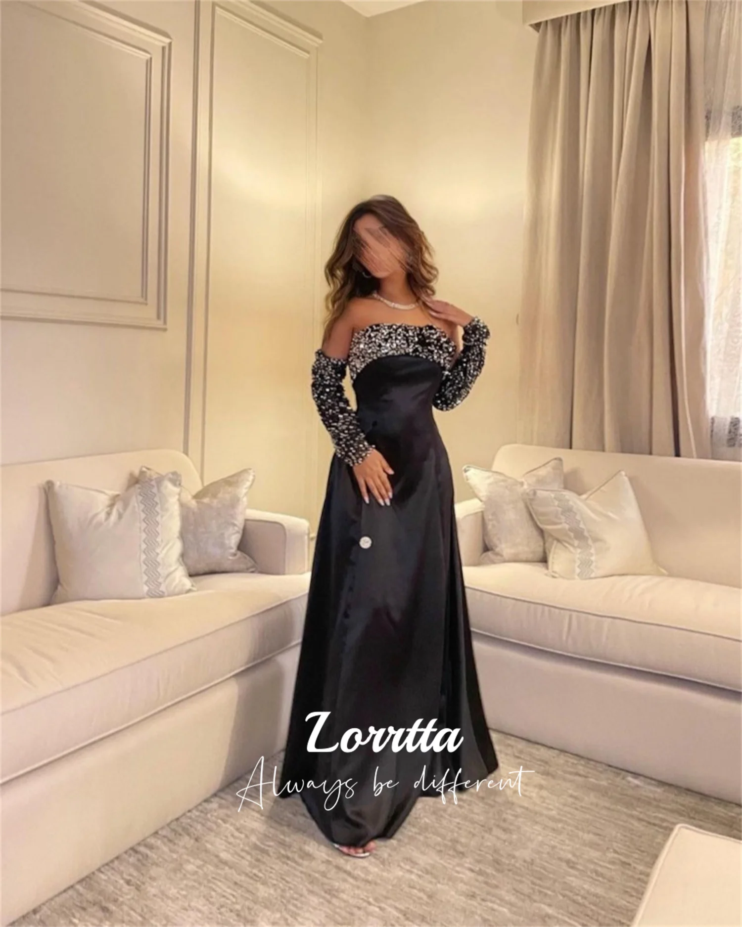 Lorrtta Black Satin Prom Dresses Saudi Arabia Dubai Women Wear Sequins Long Sleeves Strapless Evening Party Wedding Guest Gown