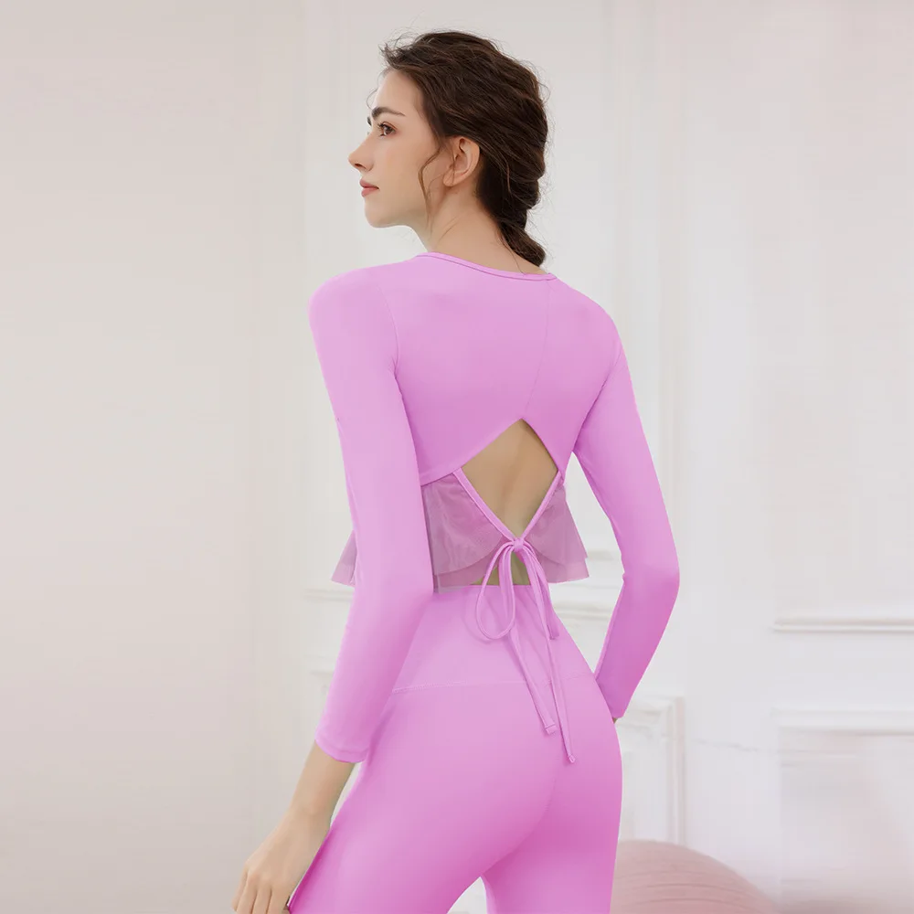 New Women Gym Yoga Fitness Mesh Patchwork Lace-up Yoga Two Piece Suit High Elastic Long Sleeve Slim Crop Top+High Waist Legging