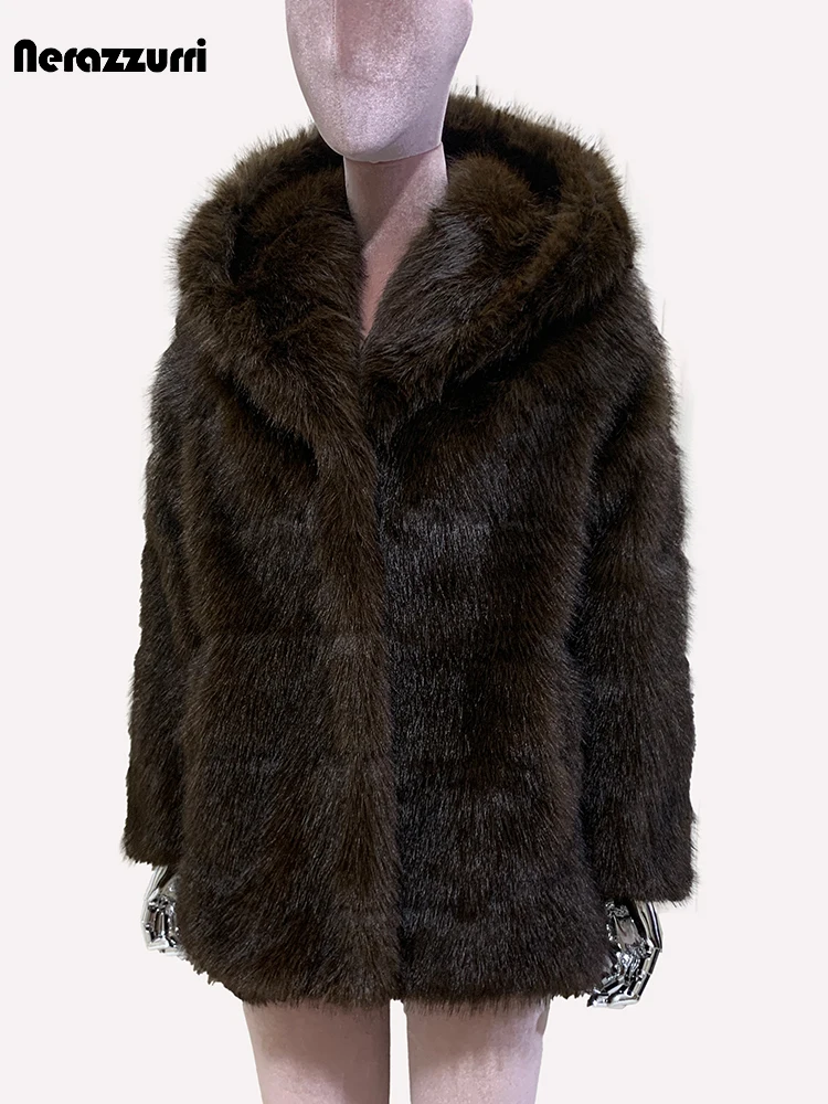 Nerazzurriฤดูหนาวหนานุ่มลายFaux Sableขนสัตว์ผู้หญิงHood Elegant Luxury ChicหลวมFluffy Jacket 2024