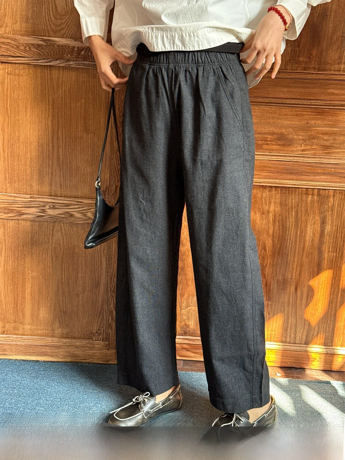 

Deep Grey Simple Versatile Summer New Linen Elastic Waist Straight Leg Casual Pants Women Casual Style Natural Waist Cotton B...