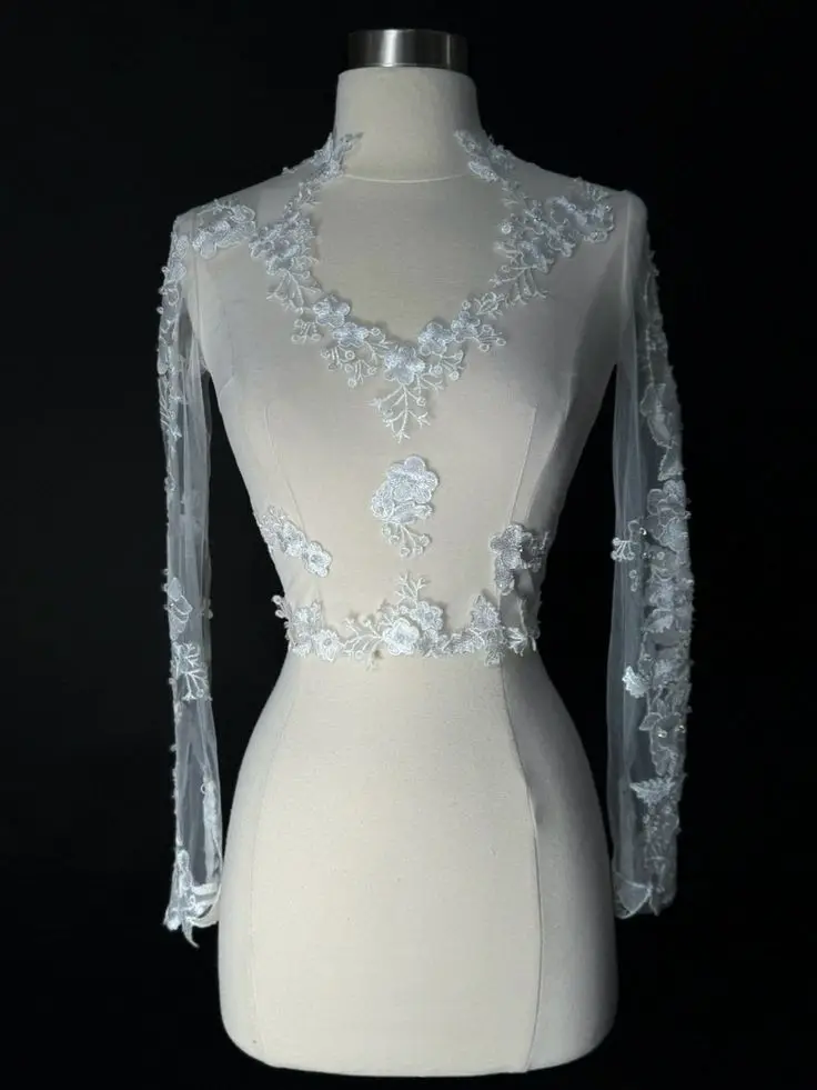 Lace Appliques Wedding Boleros Long Sleeves Bride Jacket V Neckline Formal Party Bridal Shrugs Women Capes Wraps image 5