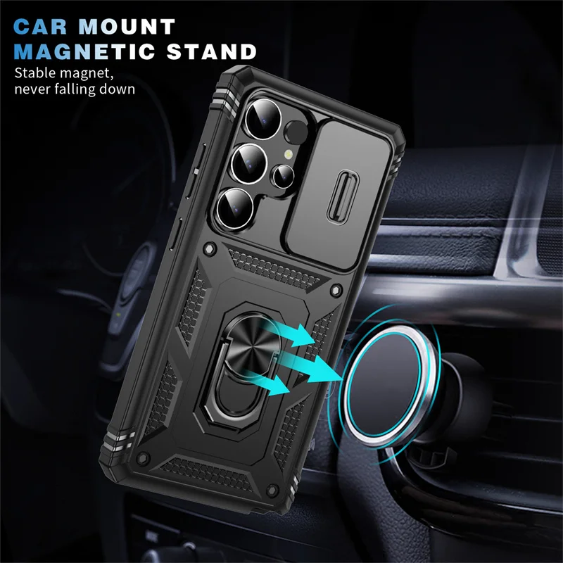 Armor Magnetic Ring Shockproof Case For Samsung S25 Ultra S24 S23 S22 Plus FE A06 A55 A54 A53 A15 A16 Slide Camera Protect Cover