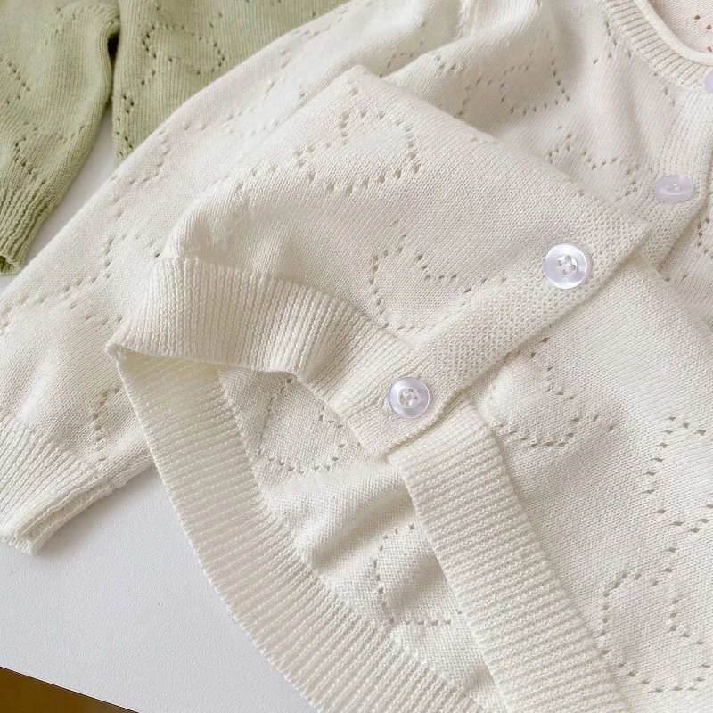 Summer Baby Sunscreen Cardigan 0-3Years Kids Boy Girl Solid Color Long Sleeve Heart Hollow Out Knitwear Sweater Cotton Clothes