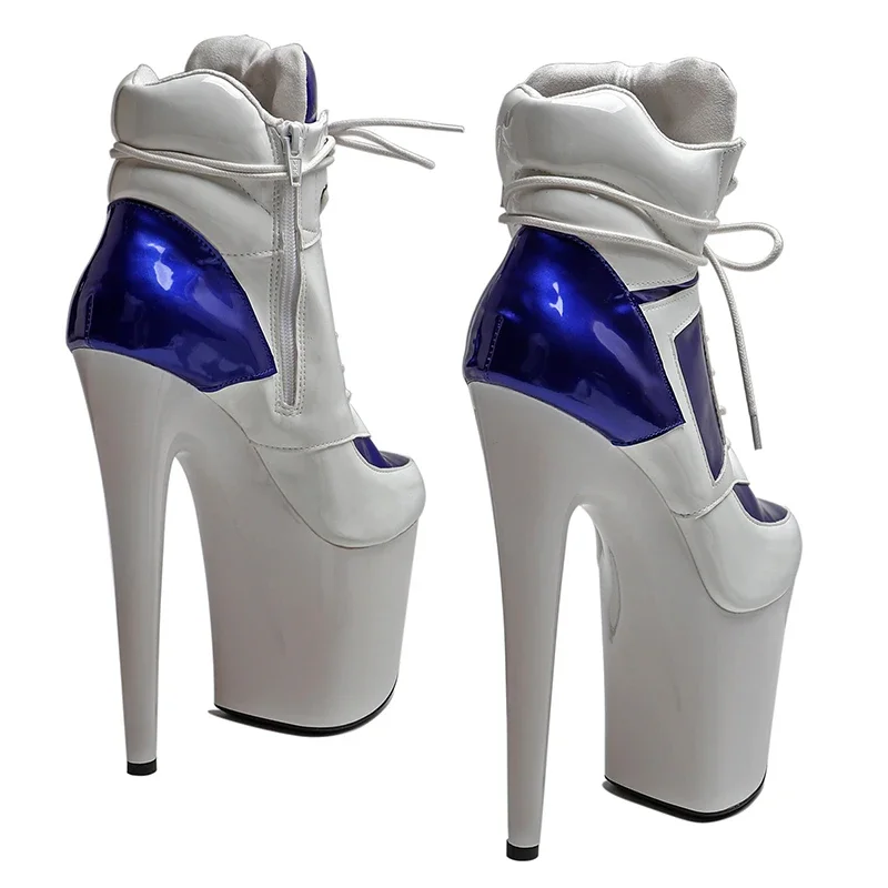 Leecabe  20CM/8inches Patent PU Upper White -blue  Fashion trend  Ankle Boot High Heel  stripper heel platform Pole Dance boot