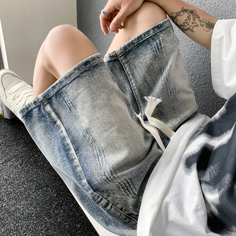 

Washed Vintage Light Blue Men's Denim Shorts Casual High Street Summer Five-Quarter Straight Leg Jeans Youth Trendy Wear