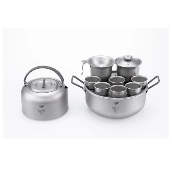 Portable 12pcs Titanium Lightweight Double Layer Tea Maker Set Unique Design Tea Pot and Cups for Camping Travel Picnics