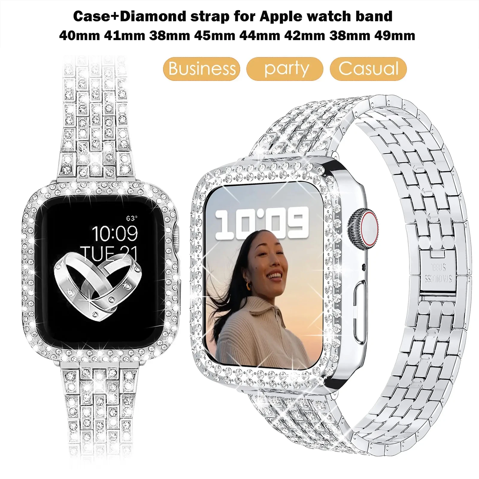 Diamond Metal Strap For Apple Watch Ultra 2 49mm 38mm 40 41mm 45mm 44mm 42mm Women Bracelet For Iwatch 9 8 7 SE Protective Case