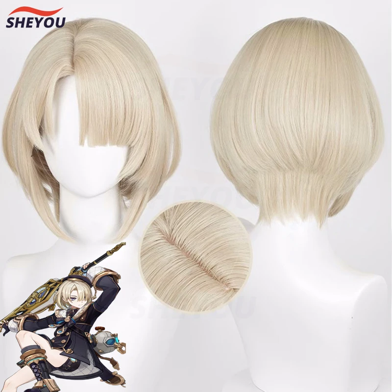 

Freminet Cosplay Wig Game Impact Fontaine Freminet Short Light Gold Heat Resistant Synthetic Hair Wigs + Wig Cap