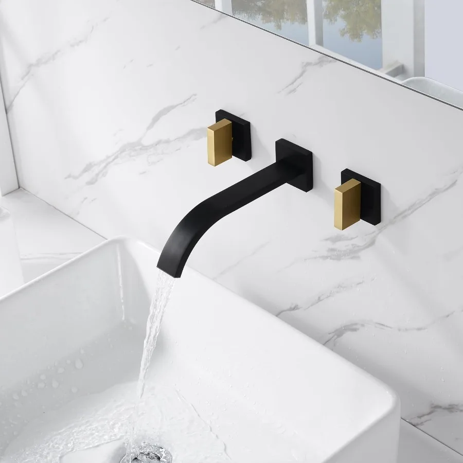 Torneira de parede para pia de banheiro com acabamento preto e dourado com duas alças e válvula robusta para lavatório moderno
