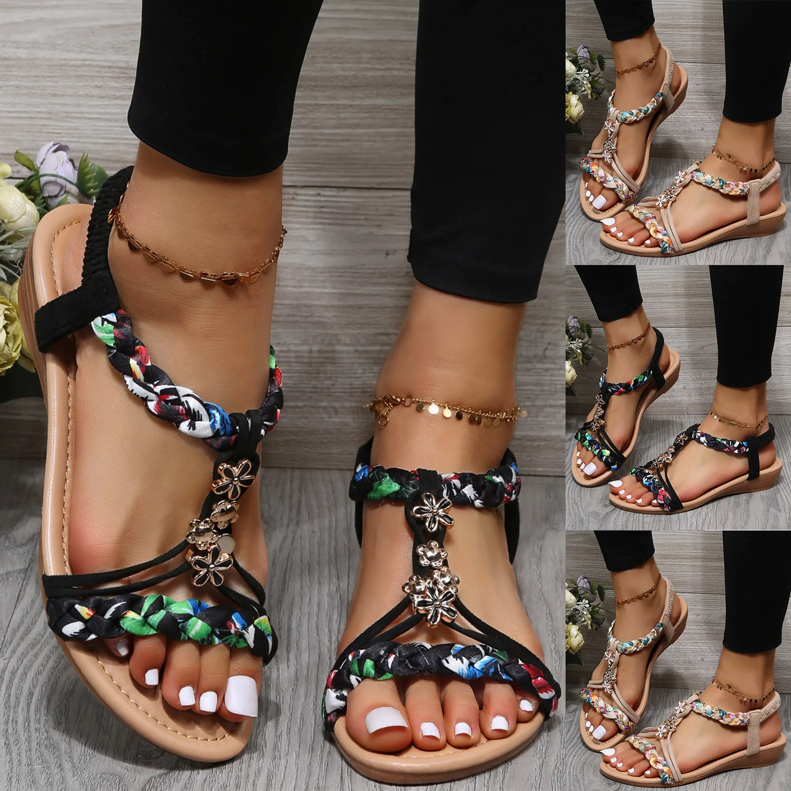 Women Wedges Bohemian Sandals Summer 2024 New In Open Toe Beach Shoes with Low Heels Sandal Lady Casual Sandalias Mujer Verano