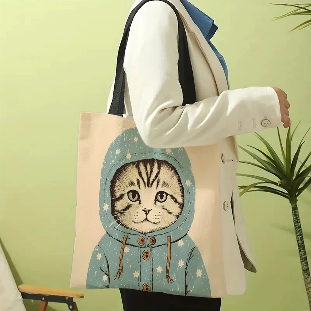 Cute and Funny Cat and French Bulldog Print Handbag Shoulder Bag Large Capacity Foldable Ladies Shopping Bag Canvas Tote Bag