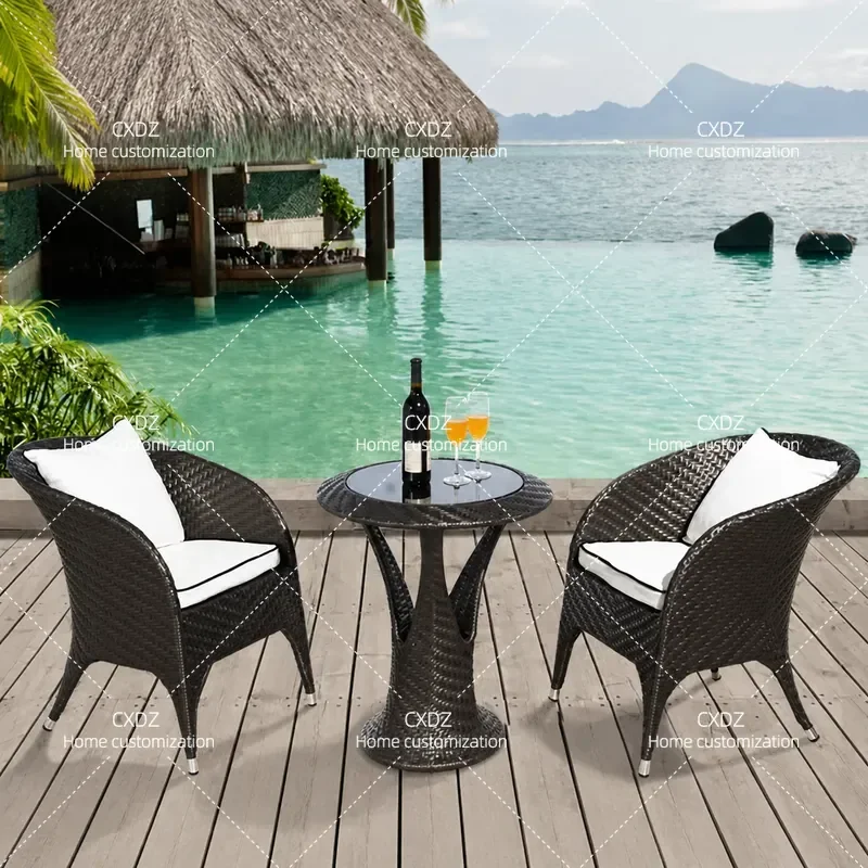Rattan Chair and Tea Table Set Outdoor Balcony Furniture 3 Piece or 5 Piece Combination Courtyard Leisure Seating Group