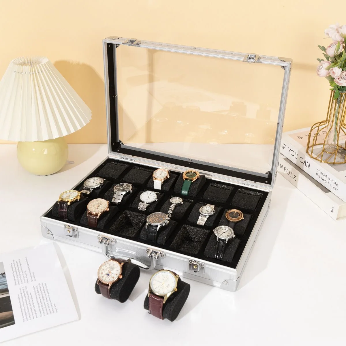 High-End Aluminum Alloy Watch Case Transparent Jewelry Storage Display Box for 18/10/12 Digit Watches Luxury Watch Box