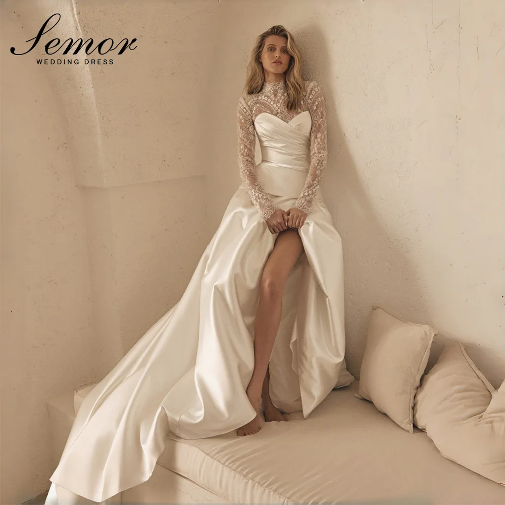 Semor Vintage Romantic Two Piece Bridal Gown 2027 Detachable Lace Long Sleeve Satin A Line Wedding Dress For Outdoor Customized