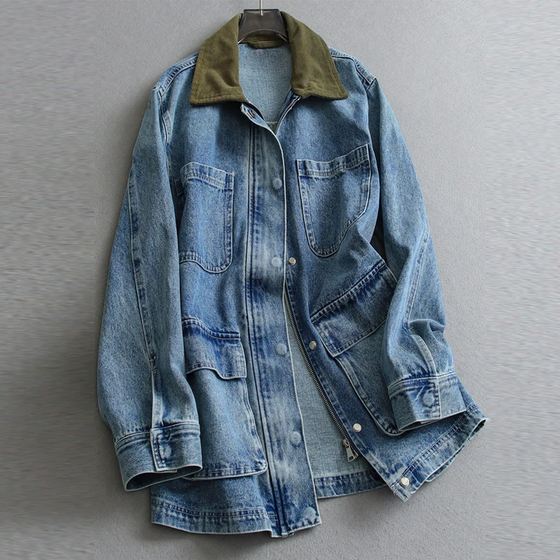 Casual Blue Multiple Patch Pocket Denim Jacket Women Chic Corduroy Collar Single Breasted Short Coat 2026 womens jacket y2k tops