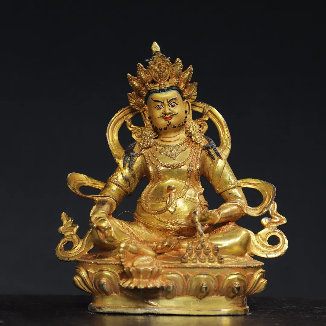 

Tibetan Brass Gilt Painting Face Yellow God of Wealth Buddha Statue Ornament Home Buddhist Hall Supplies Accessories Wenwan 20cm