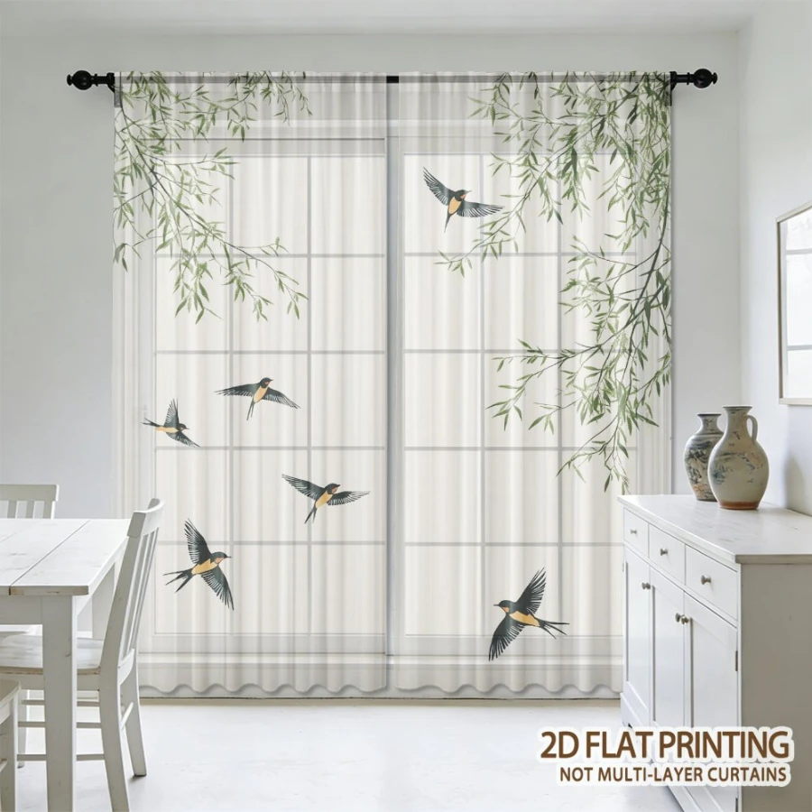2PCS Digital Print Sheer Curtain, Swallows Singing Willow Breeze Pattern, Fresh Natural Pastoral Spring Home Style Decor view 2
