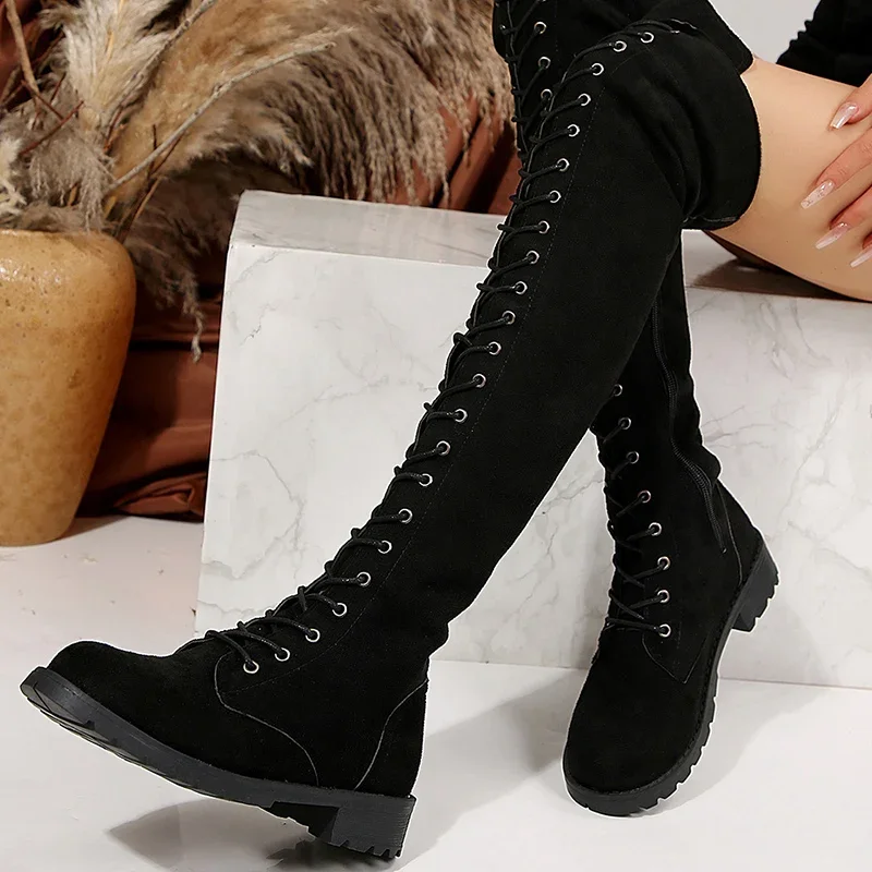 

Designer Women Over The Knee Boots Suede Warm Cotton Shoes Botas 2025 New Woman Winter Long Boots Lace Up Heels Botas De Mujer