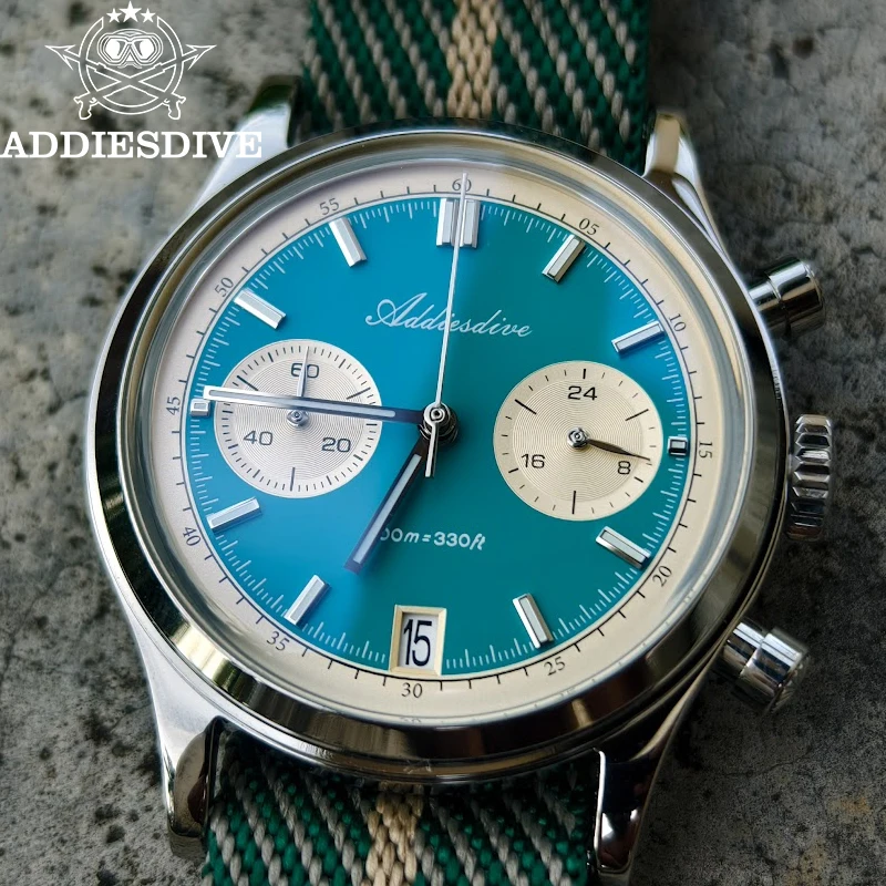 

ADDIESDIVE 2025 New Chronograph Watch 38mm Top Brand Domed Glass BGW9 Luminous 100m Waterproof Diving VK64 Men Quartz Wristwatch