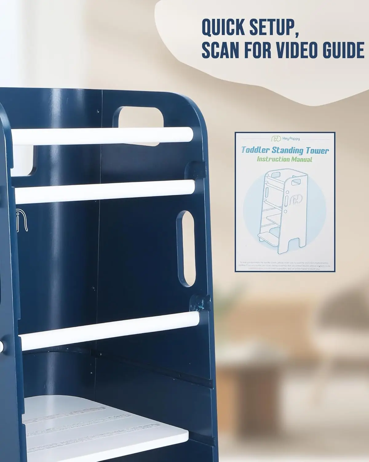 Standing Tower, 3 Levels Adjustable Height Toddler Kitchen Stool Helper with Removable Safety Rail, Closed Back & Anti-Slip Stri