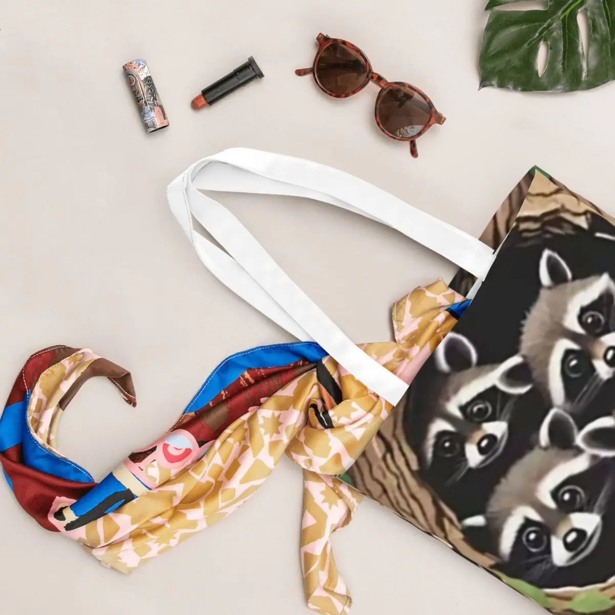 กระเป๋าช้อปปิ้งลายแรคคูนตลกๆ กระเป๋าผ้าแคนวาสแบบใช้ซ้ำได้สำหรับสาวๆ กระเป๋าสะพายไหล่ กระเป๋าถือสำหรับเดินทาง