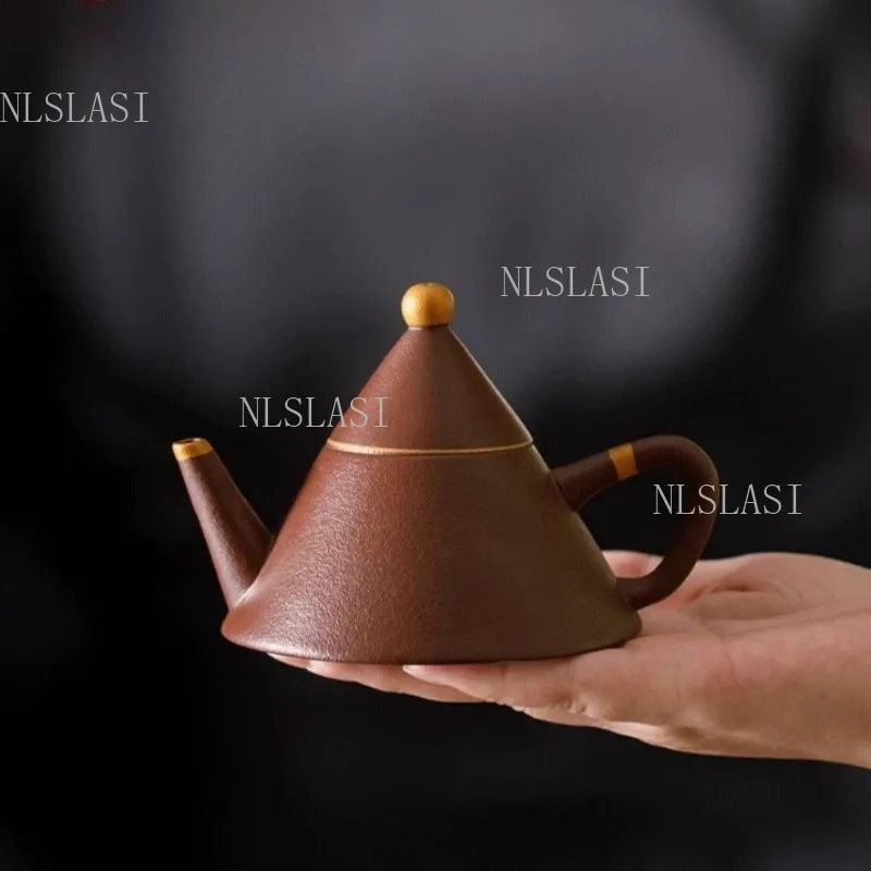 Yixing Zisha Clay Teapot Unique Pyramid Shape Purple Sand Teapot Gold‑trim Detail Vintage Kung Fu Tea Pot For Home Tea Ceremony