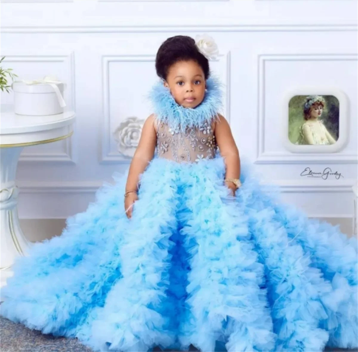 Vestido de flores para niña, traje azul sin mangas, con flecos y cuentas, elegante, para fiesta de cumpleaños