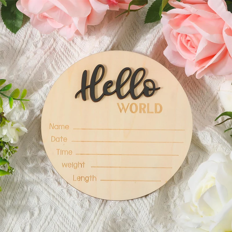 YOMDID Wooden Announcement Sign 5.9 Inch Round Wood Sign Hello World Welcome Sign Photography Prop Baby Shower Party Favor Gift